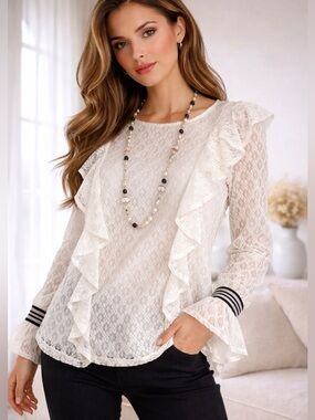 KENSIE WHITE LACE RUFFLE BLOUSE LONG SLEEVE STRETCH TOP SIZE MEDIUM
